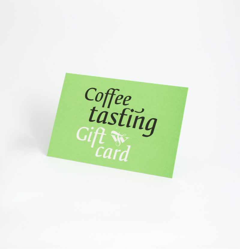 Green gift card with 'Coffee tasting' text on a white background